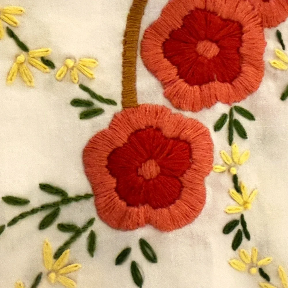 Embroidered‎ Linen Floral Basket Tea Towel Vintage Charm Kitchen Hand Towel